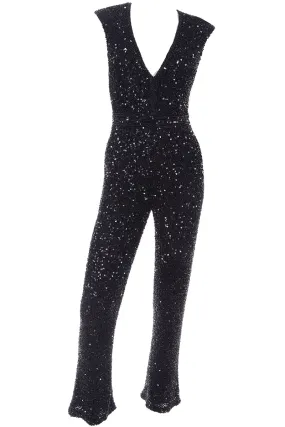 1970s Vintage Black Heavily Beaded Jumpsuit w/ Beads & Sequins