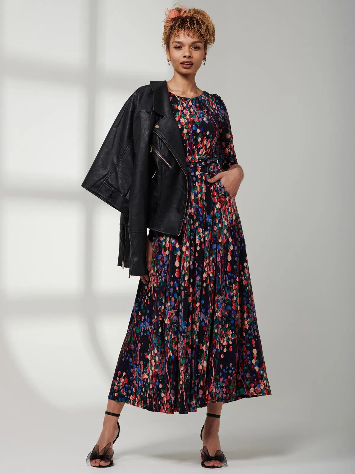 3/4 Sleeve Print Jersey Maxi Dress, Navy Multi