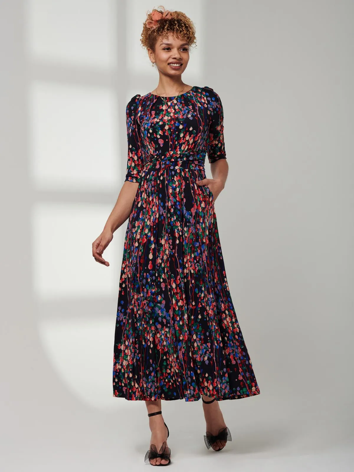 3/4 Sleeve Print Jersey Maxi Dress, Navy Multi