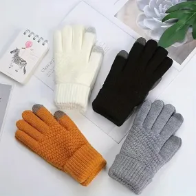 4 Colors Pineapple Pattern Jacquard Gloves, Short Monochrome Knit Touchscreen Gloves, Winter Thick Warm Riding Gloves For Women And Men