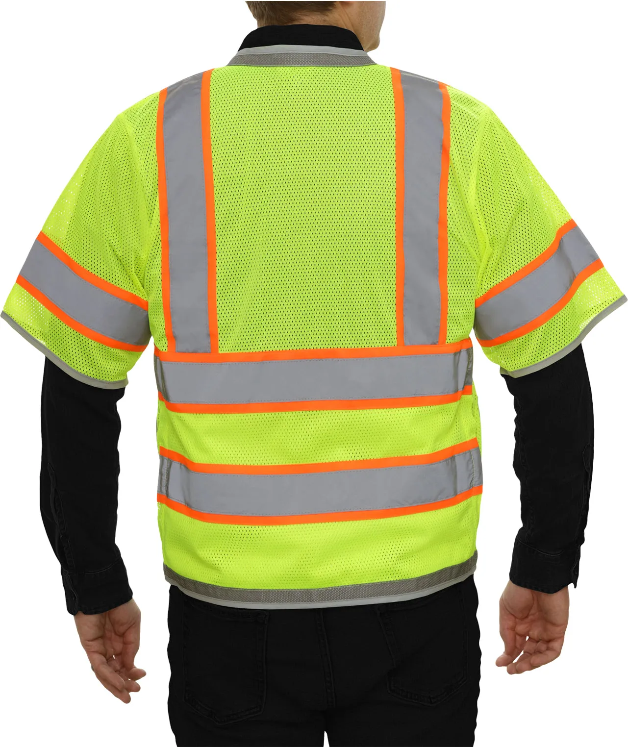 578ETLM Multi-Pocket Safety Vest: Hi-Vis Lime Mesh Vest: Surveyor Vest: Contrasting Trim