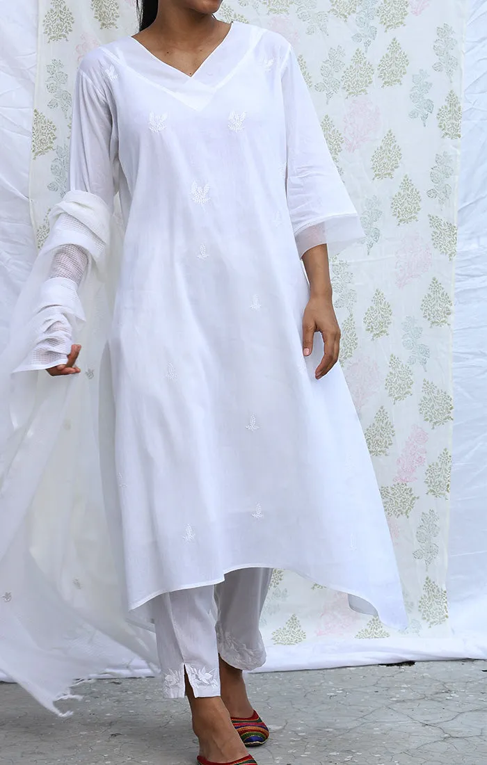 A line Tunic Dress - White with Pants and Dupatta