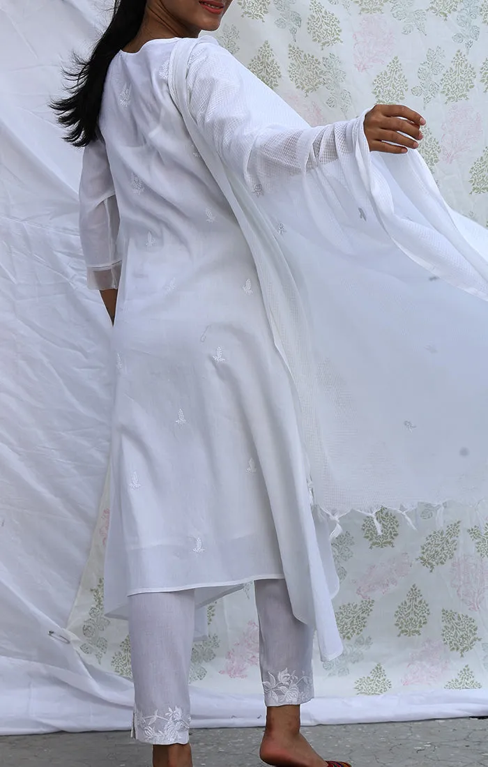 A line Tunic Dress - White with Pants and Dupatta