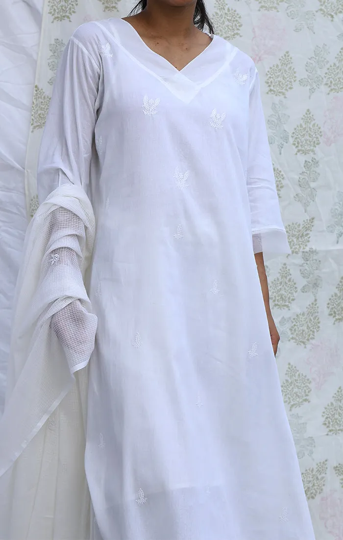 A line Tunic Dress - White with Pants and Dupatta