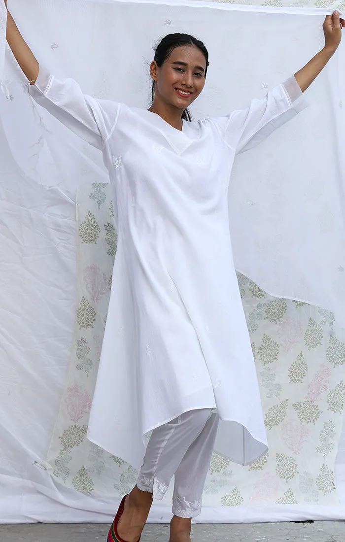 A line Tunic Dress - White with Pants and Dupatta