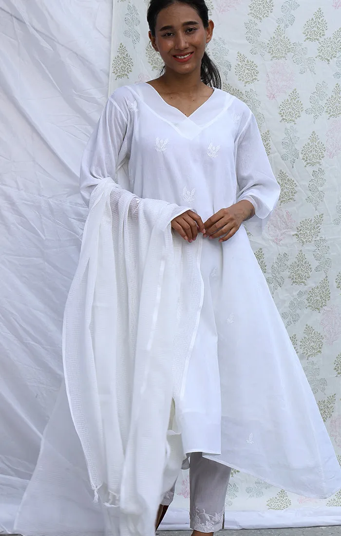 A line Tunic Dress - White with Pants and Dupatta