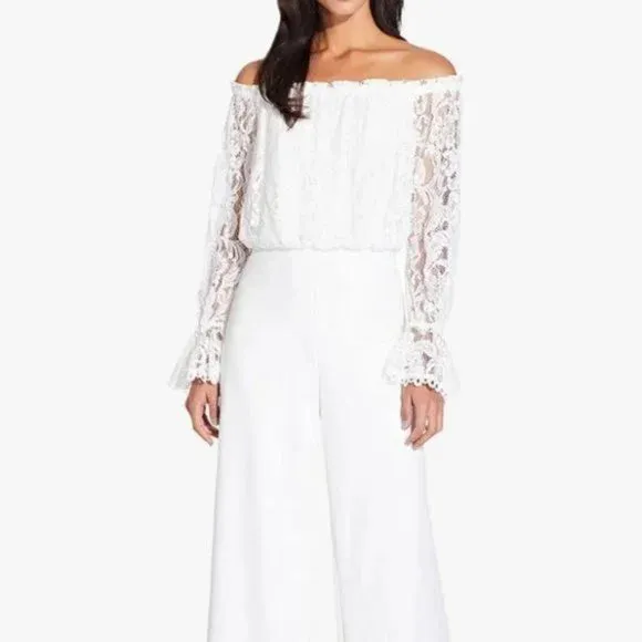 Adrianna Papell Off-the-Shoulder Lace Jumpsuit, Size 8