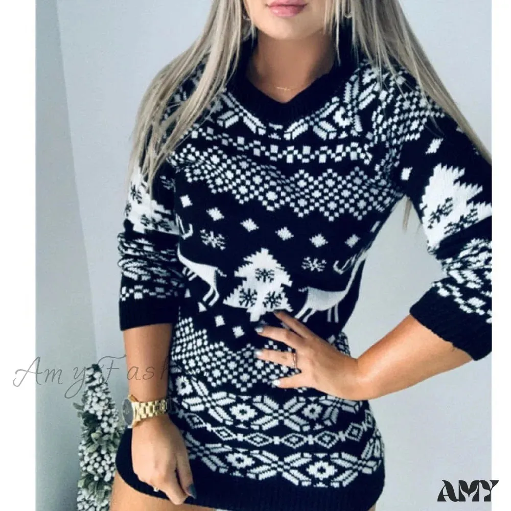 Amy Fashion - Christmas Deer Knitted Long Sleeve Sweater Dress