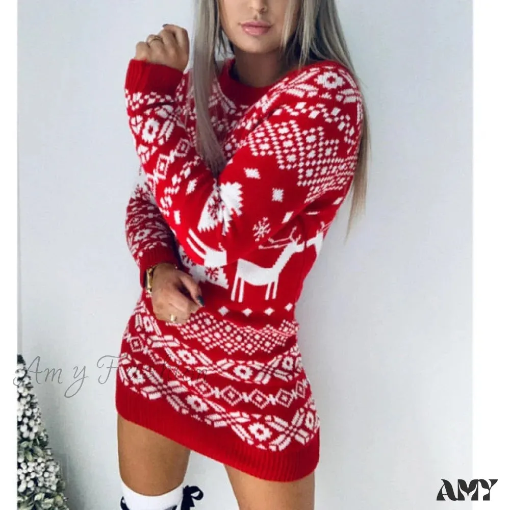 Amy Fashion - Christmas Deer Knitted Long Sleeve Sweater Dress