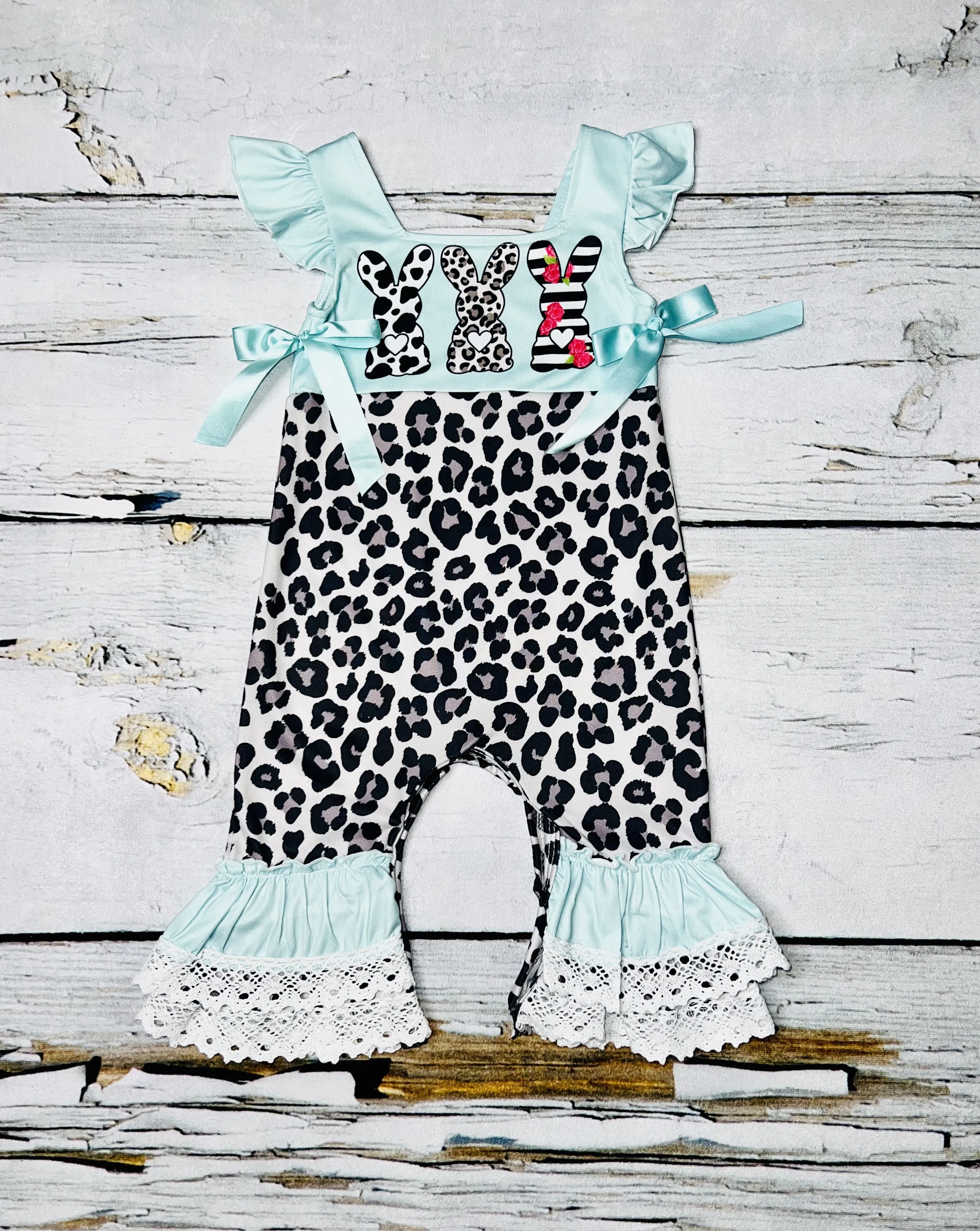 Aqua bunnies & lace ruffle baby romper DLH1121-1