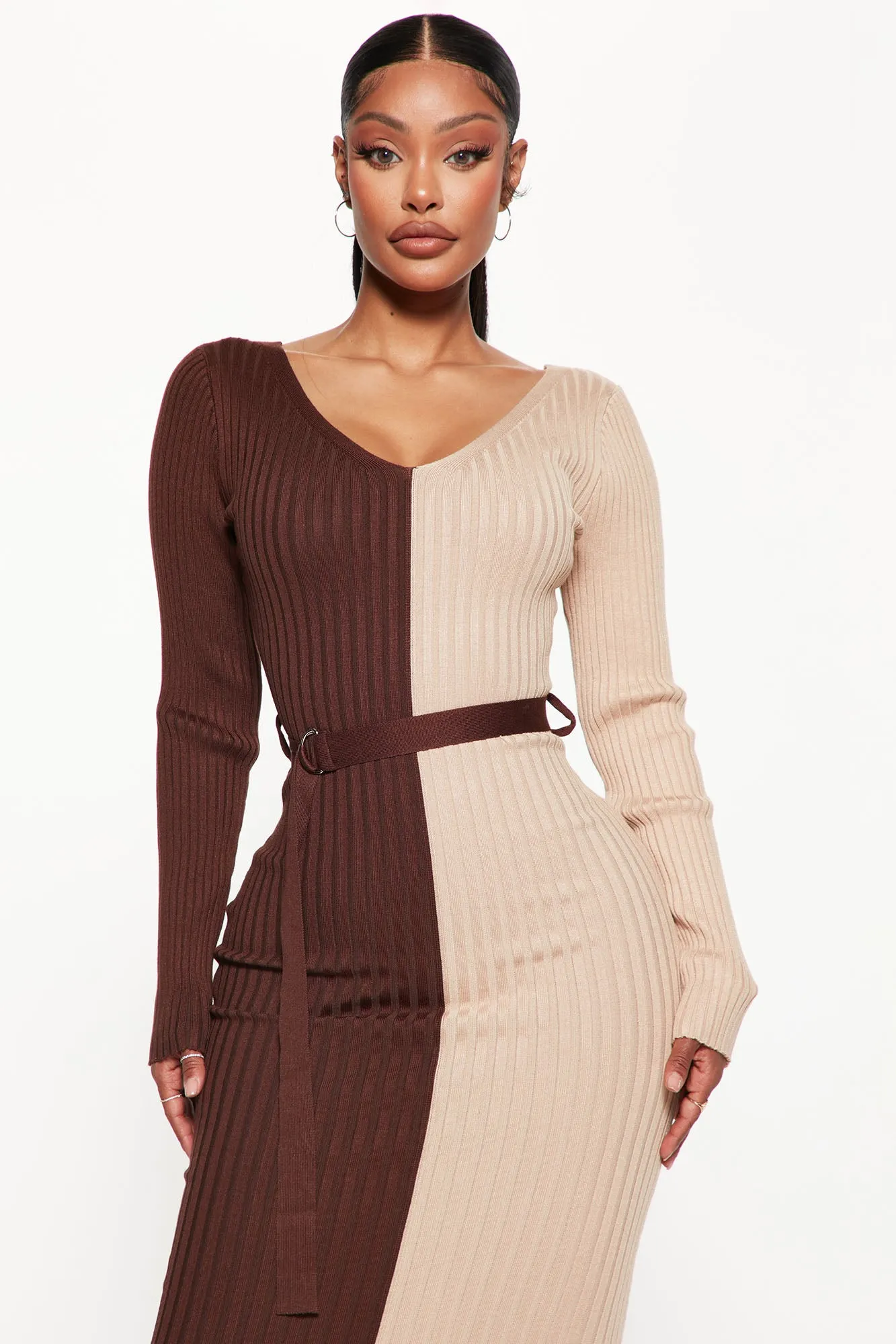 Autumn Calls Colorblock Sweater Midi Dress - Chocolate/Combo