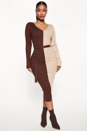 Autumn Calls Colorblock Sweater Midi Dress - Chocolate/Combo