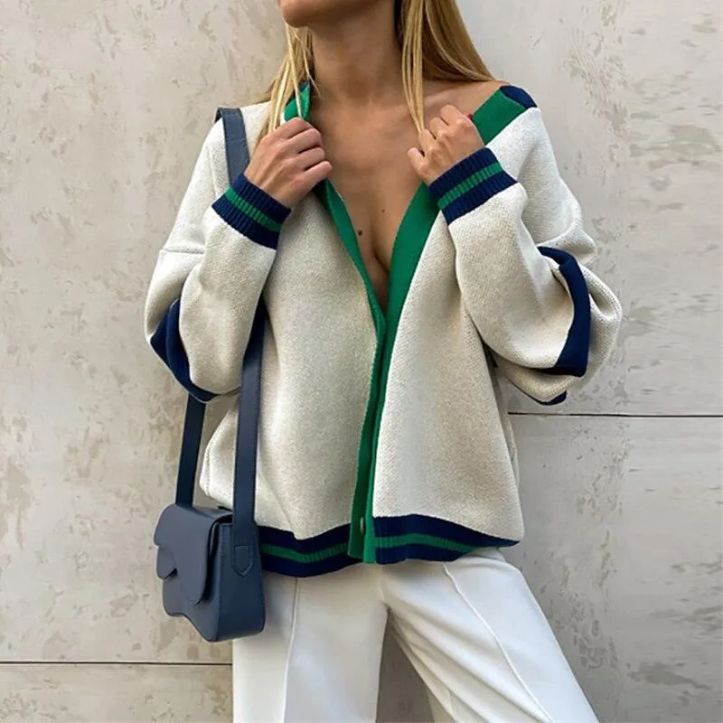 Autumn Striped Loose Jacket Sweater Fashion Contrast Color V Neck Coat