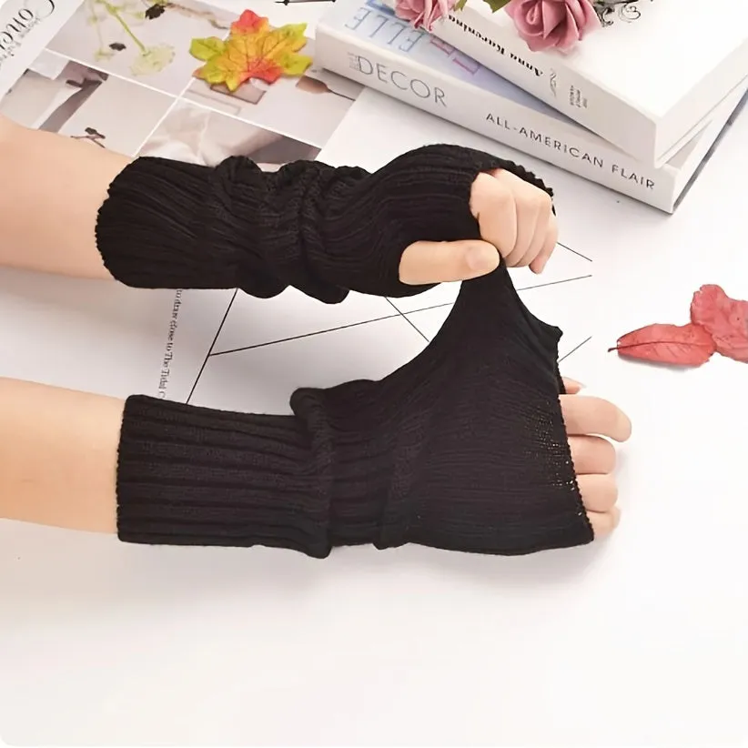 Autumn Winter Woolen Long Gloves: Solid Color, Vertical Striped, Stretch Knitted Sleeves with Thumb Hole, Half Finger Exposed, Warm Arm Sleeve Gloves - Ladies Fashion, Elastic, Relaxed Wear