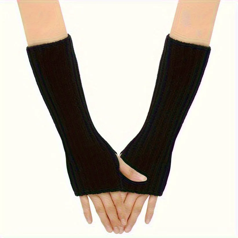 Autumn Winter Woolen Long Gloves: Solid Color, Vertical Striped, Stretch Knitted Sleeves with Thumb Hole, Half Finger Exposed, Warm Arm Sleeve Gloves - Ladies Fashion, Elastic, Relaxed Wear