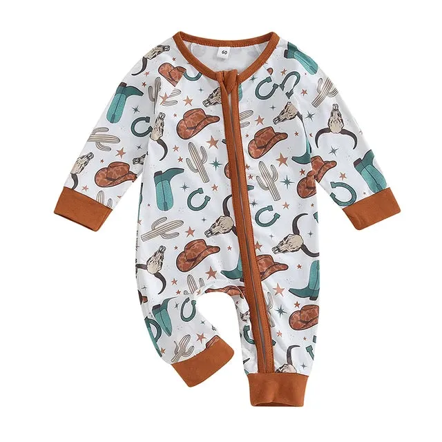 Baby Boys & Girls Western Zip Layette Romper - Highland Cow Cactus