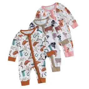 Baby Boys & Girls Western Zip Layette Romper - Highland Cow Cactus