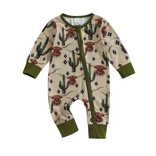 Baby Boys Western Zip-Up Romper Onesie Cactus Cowboy Horse