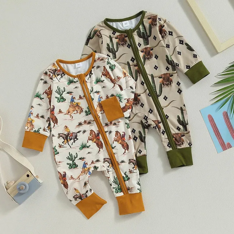 Baby Boys Western Zip-Up Romper Onesie Cactus Cowboy Horse