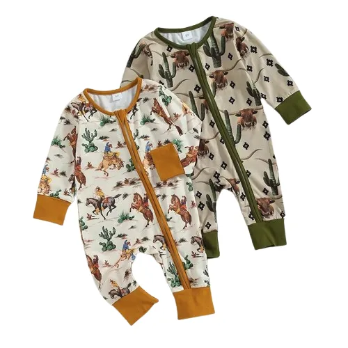 Baby Boys Western Zip-Up Romper Onesie Cactus Cowboy Horse