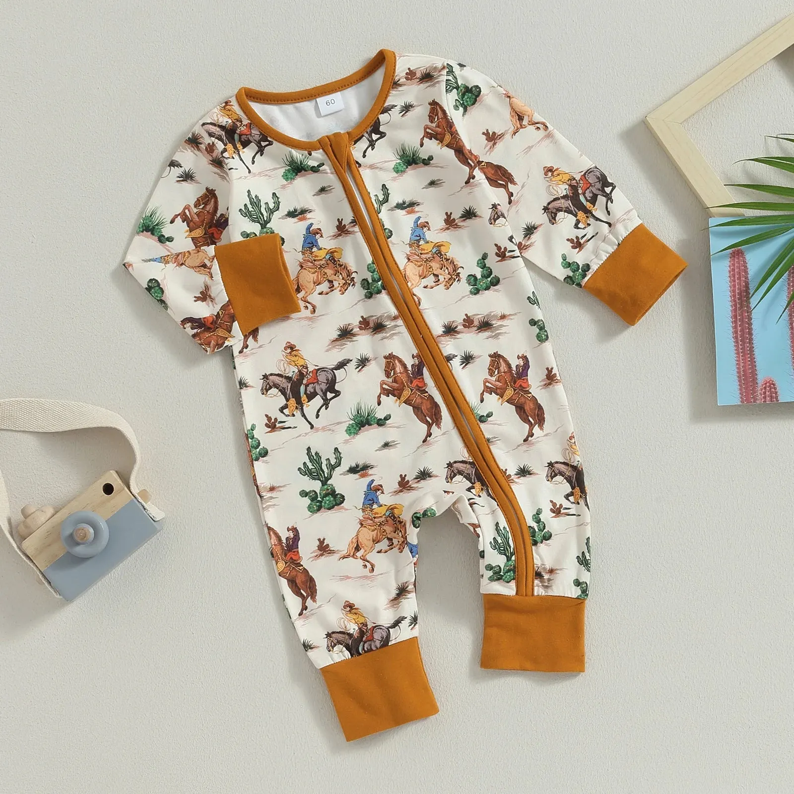 Baby Boys Western Zip-Up Romper Onesie Cactus Cowboy Horse