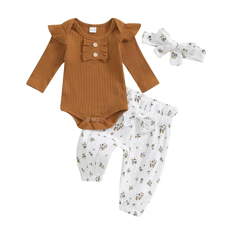 Baby Girls Fall Long Sleeve Shirt with Floral Pants and Headband Set