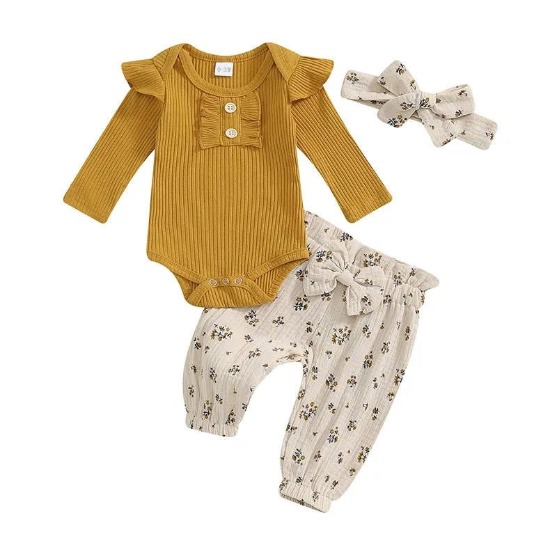 Baby Girls Fall Long Sleeve Shirt with Floral Pants and Headband Set