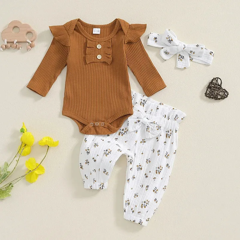 Baby Girls Fall Long Sleeve Shirt with Floral Pants and Headband Set