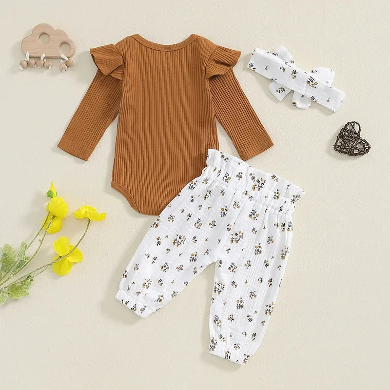 Baby Girls Fall Long Sleeve Shirt with Floral Pants and Headband Set