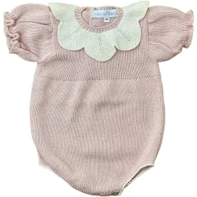 Baby Girls Rose Pink Knitted Romper with Scalloped Collar