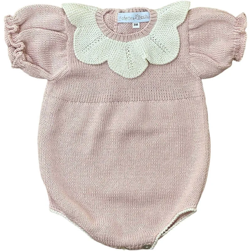 Baby Girls Rose Pink Knitted Romper with Scalloped Collar