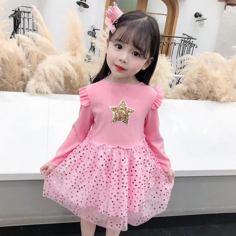 Baby Girls Spring Autumn Sweater Star Dress Infant Girl's Christmas Children Clothing Toddler Kids Dress - BTGD8516