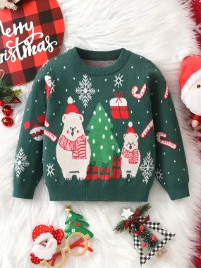 Baby's Christmas Polar Bear Jacquard Sweater, Cable Knit Long Sleeve Top, Baby Boy's Clothing, As Gift