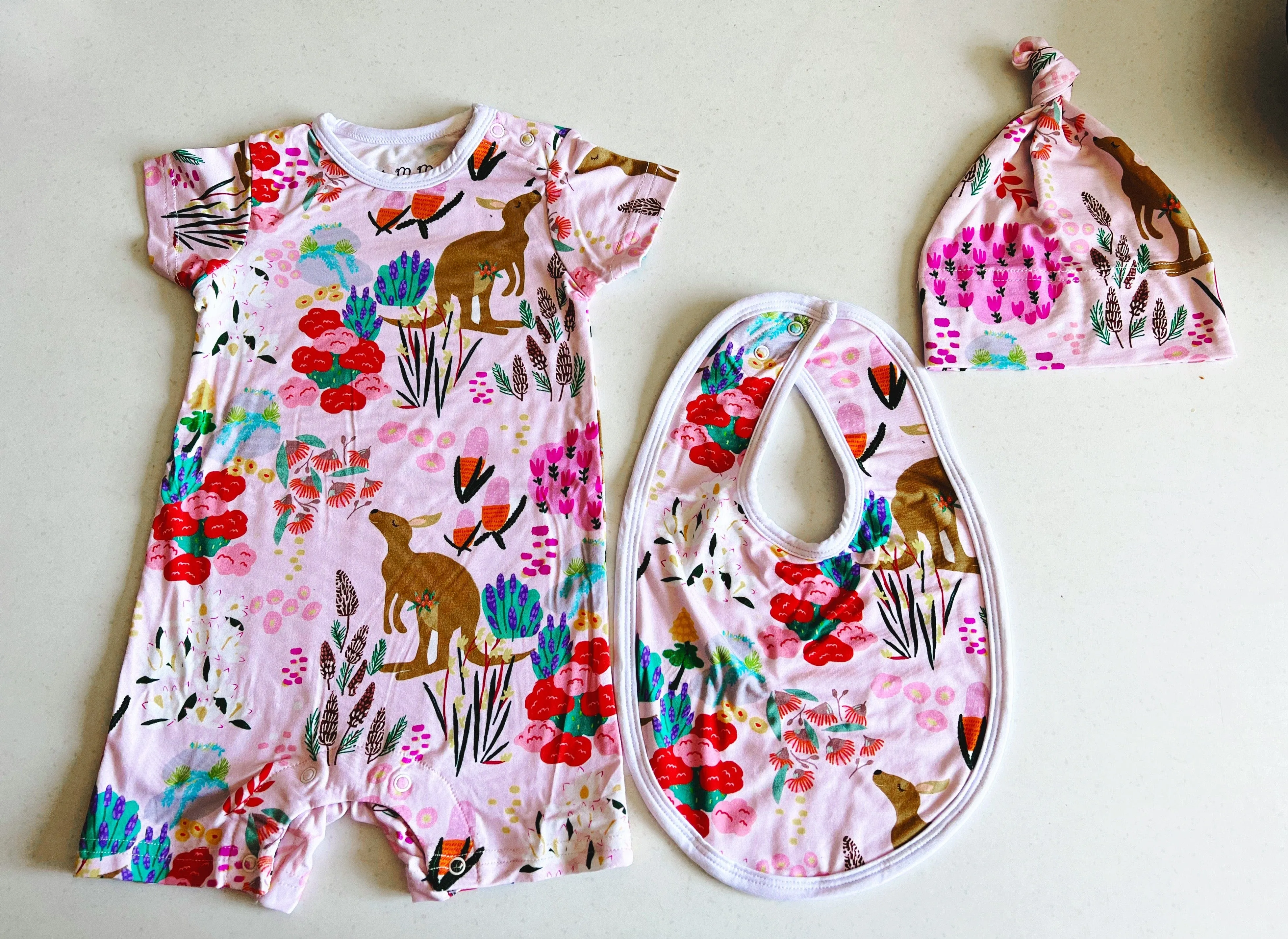 Bamboo Baby Onesie Romper Set - Pink Kangaroo by Suki McMaster