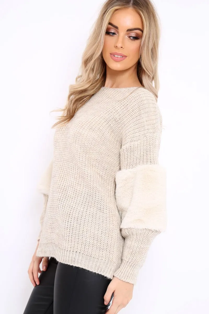 Beige Chunky Knit Fur Sleeve Jumper - Kimberly