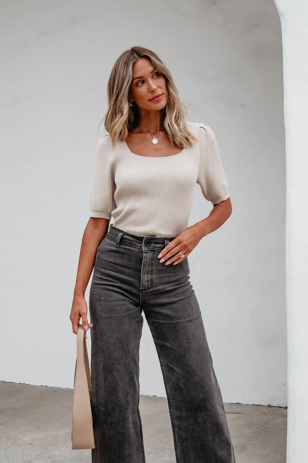 Beige Puff Sleeve Ribbed Sweater Top