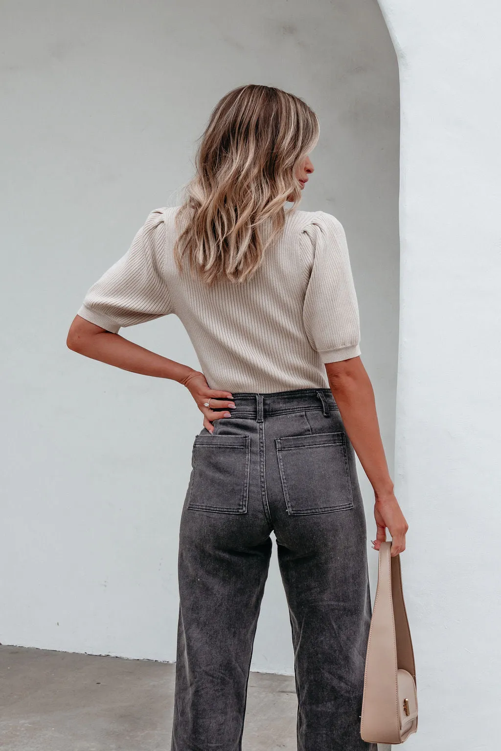 Beige Puff Sleeve Ribbed Sweater Top