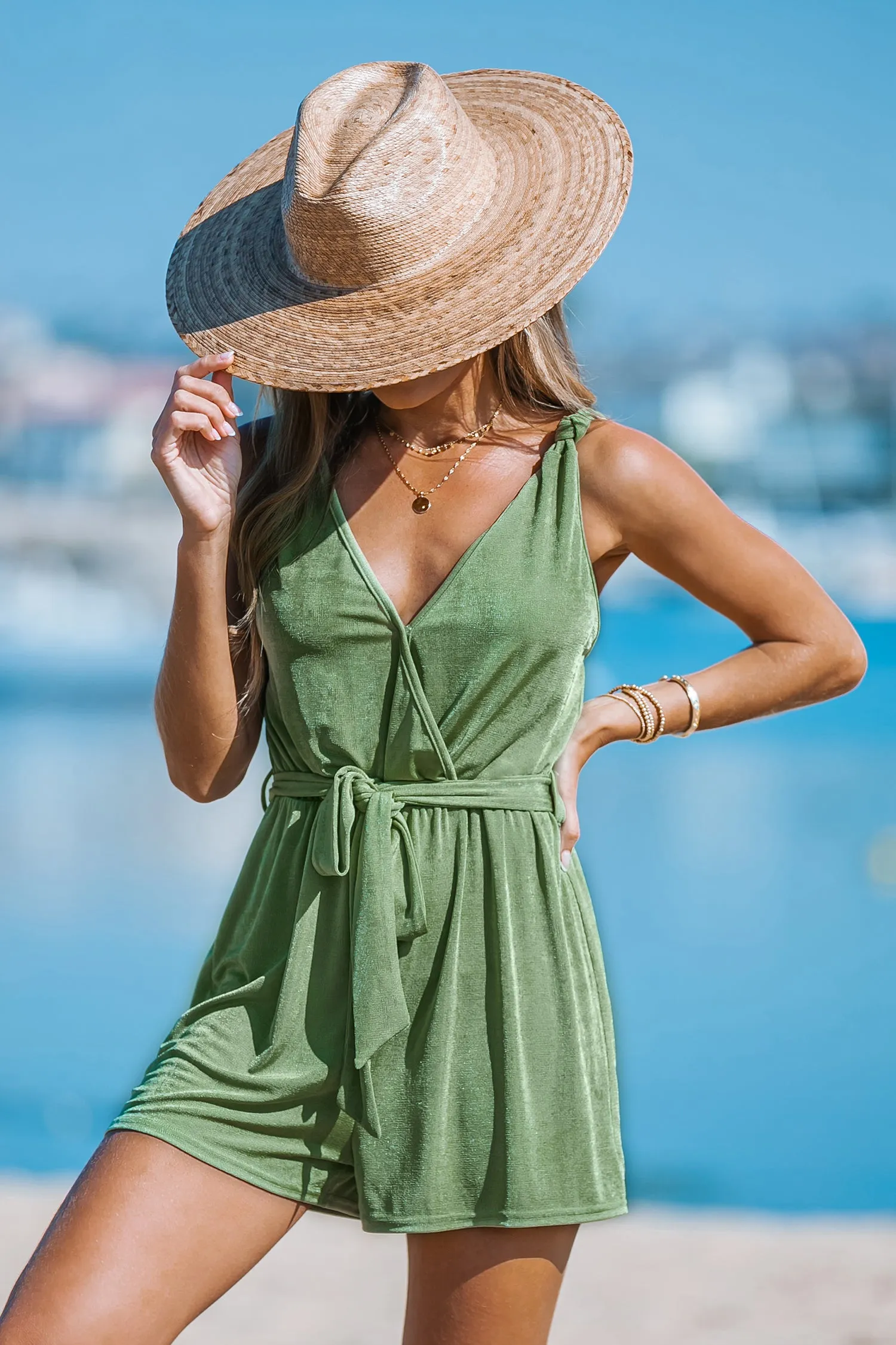 Belted Knotted Cami Romper