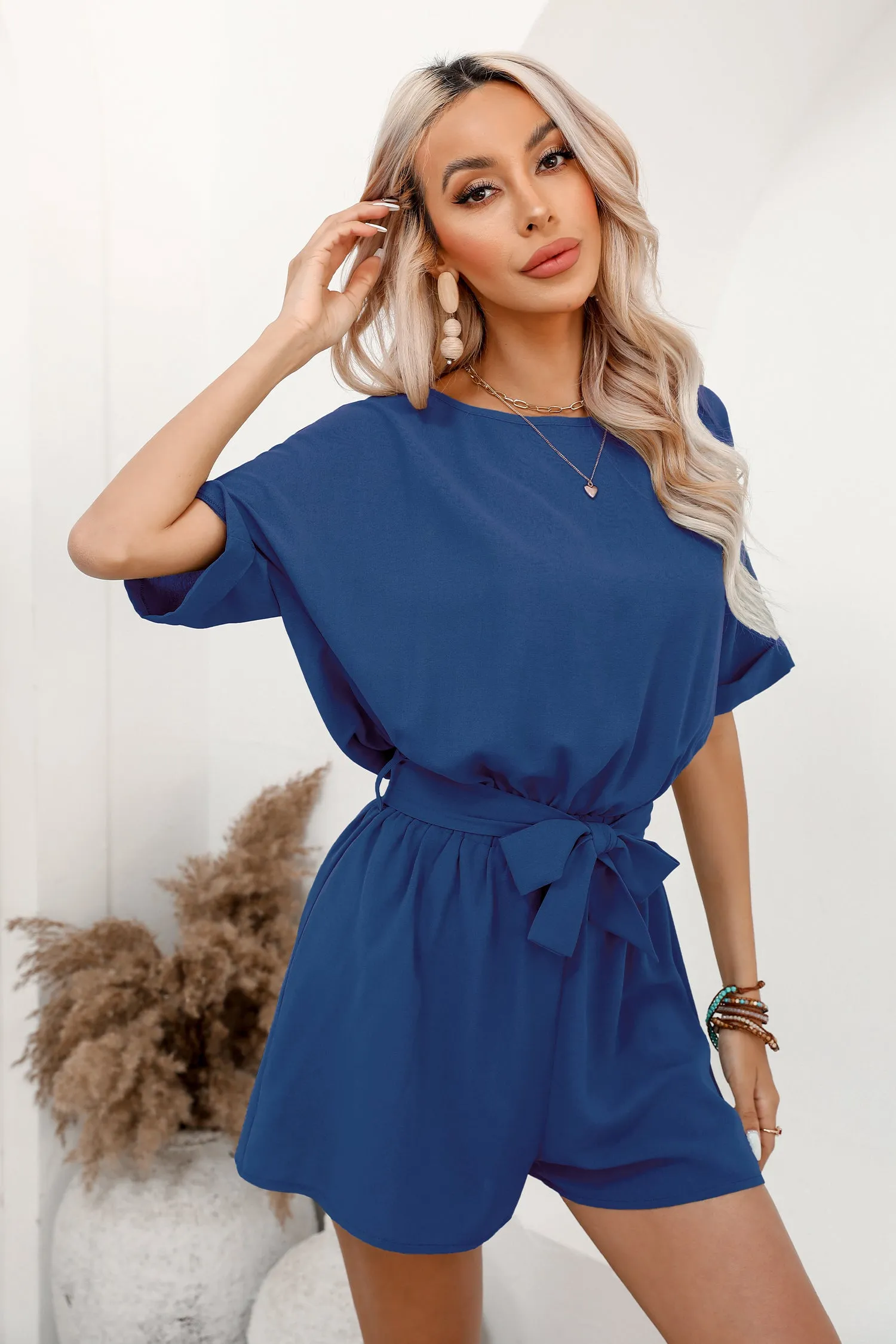 Belted Round Neck Romper