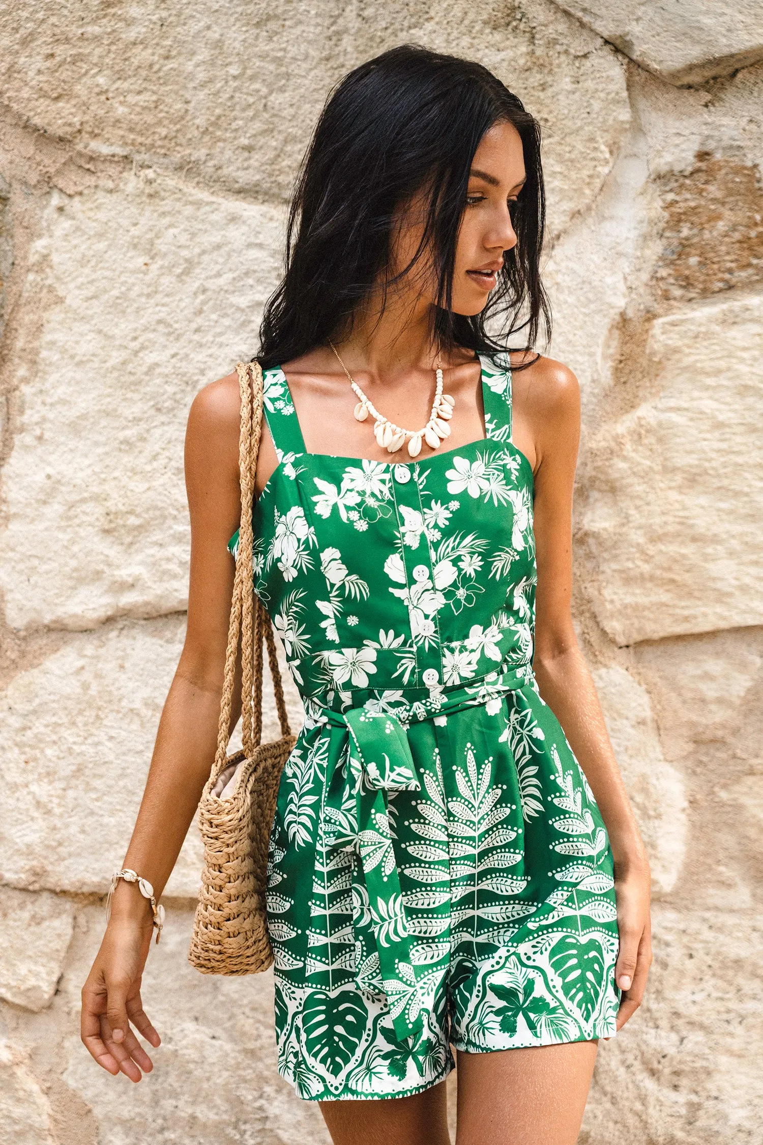 Belted Tropical Floral Leaf Print Romper