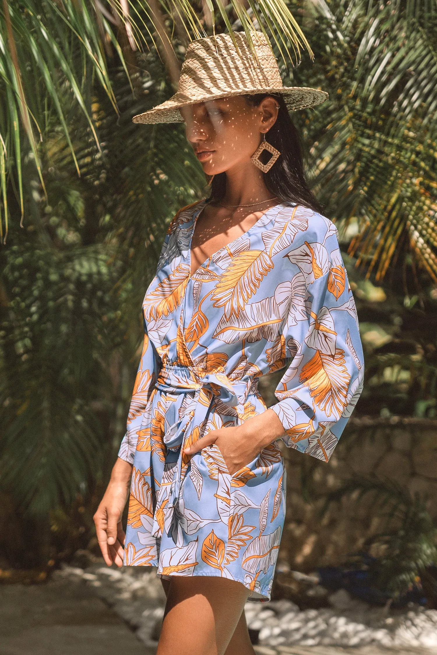 Belted Tropical Palms Romper