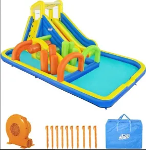 Bestway (53411E) H2OGO! AquaRace Kids Inflatable Outdoor Water Park with Dual Slides, Built-in Sprayer, Splash Pool, Storage Bag, Air Blower for Quick Setup