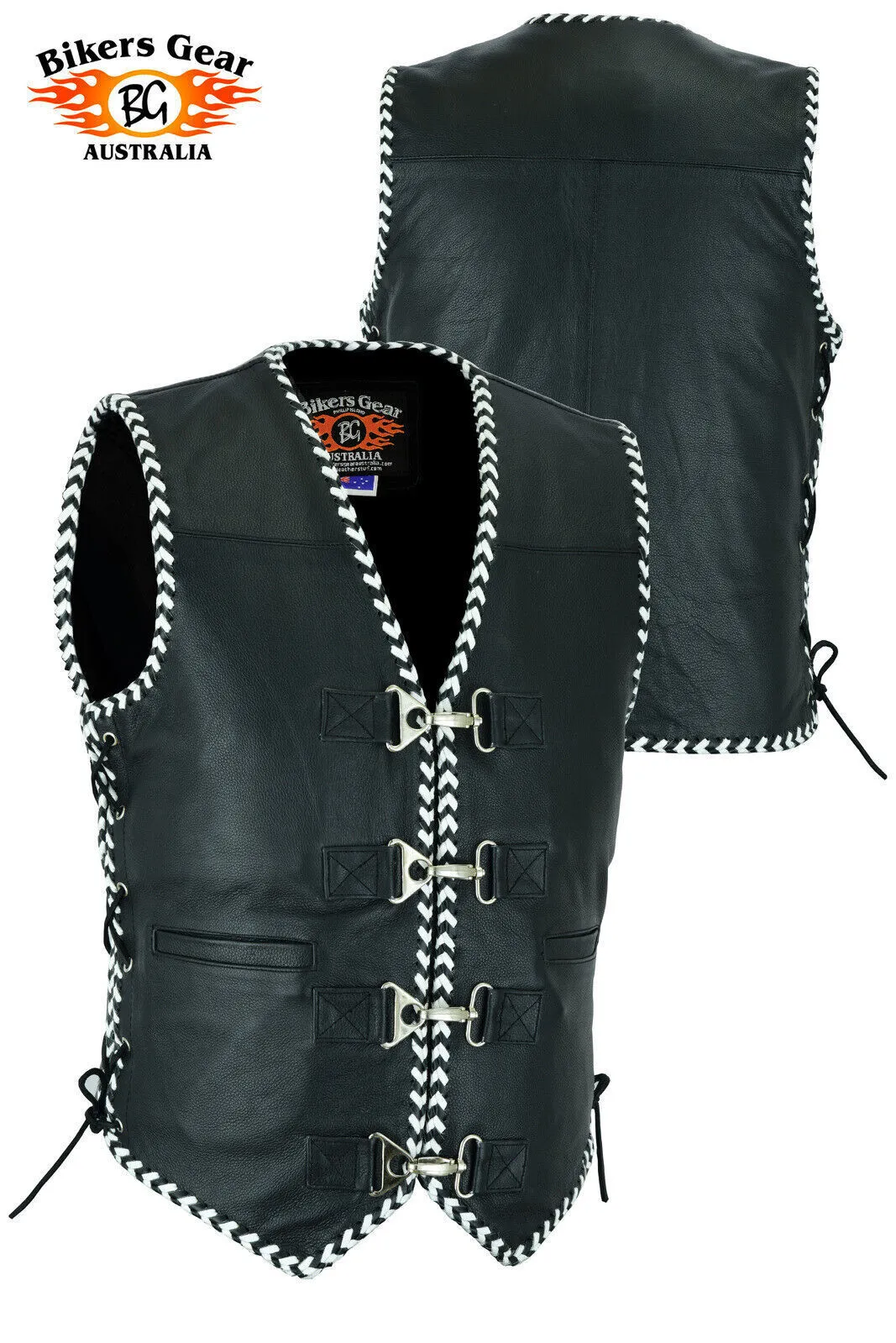 BGA Men's Rider Premium Leather Motorcycle Vests with Braiding and Clips