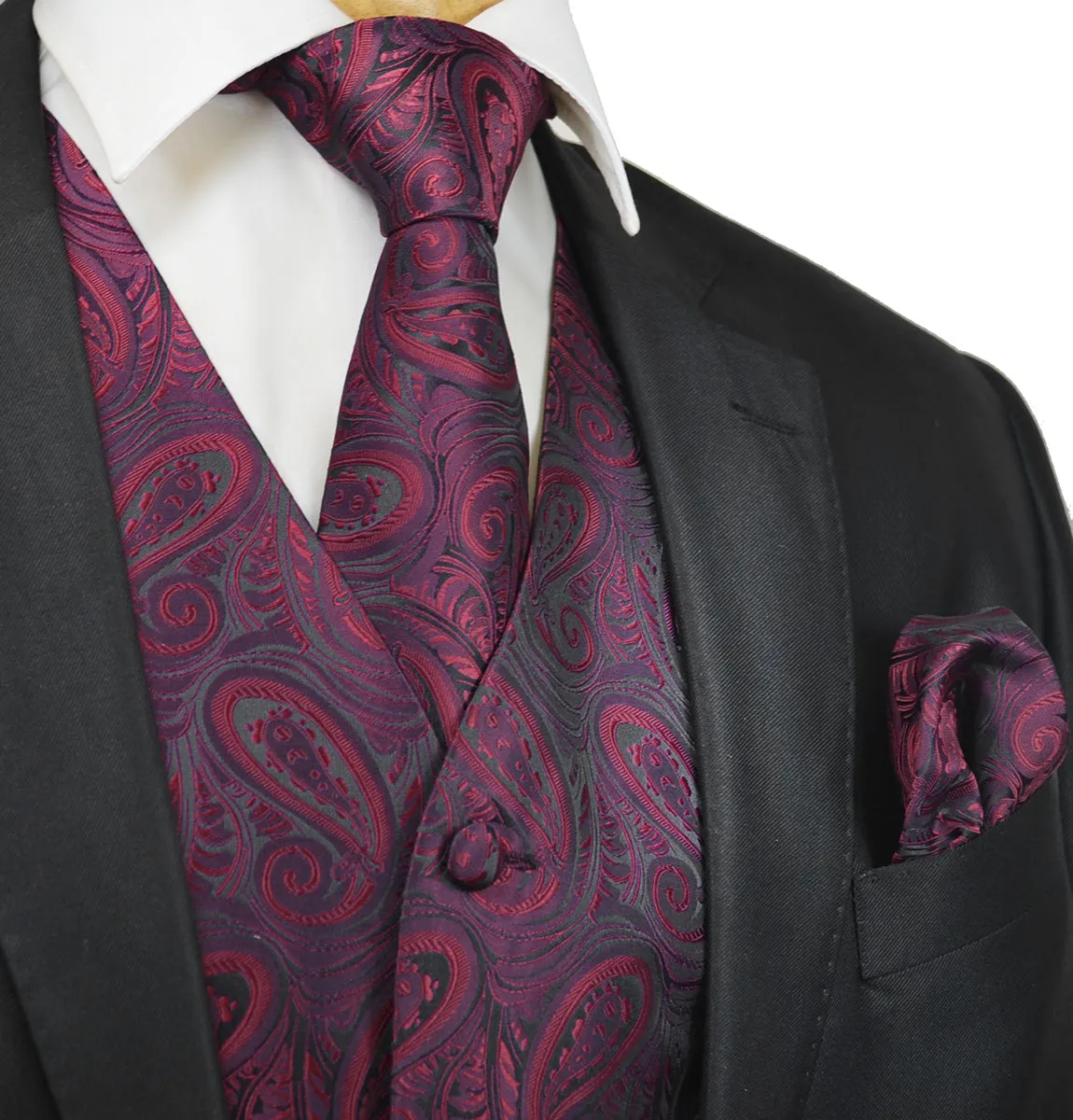 Black and Burgundy Paisley Tuxedo Vest Set