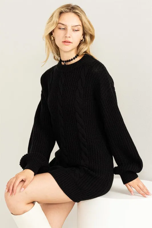 Black Cable-Knit Ribbed Mini Sweater Dress