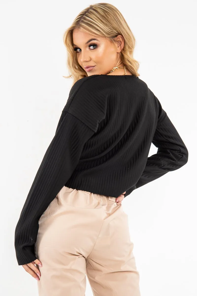 Black Chunky Rib V-Neck Jumper - Evalise