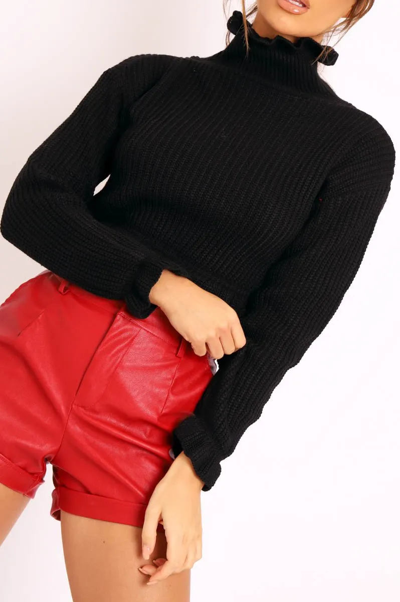 Black Ruffle Hem Chunky Knit Crop Jumper - Alannah