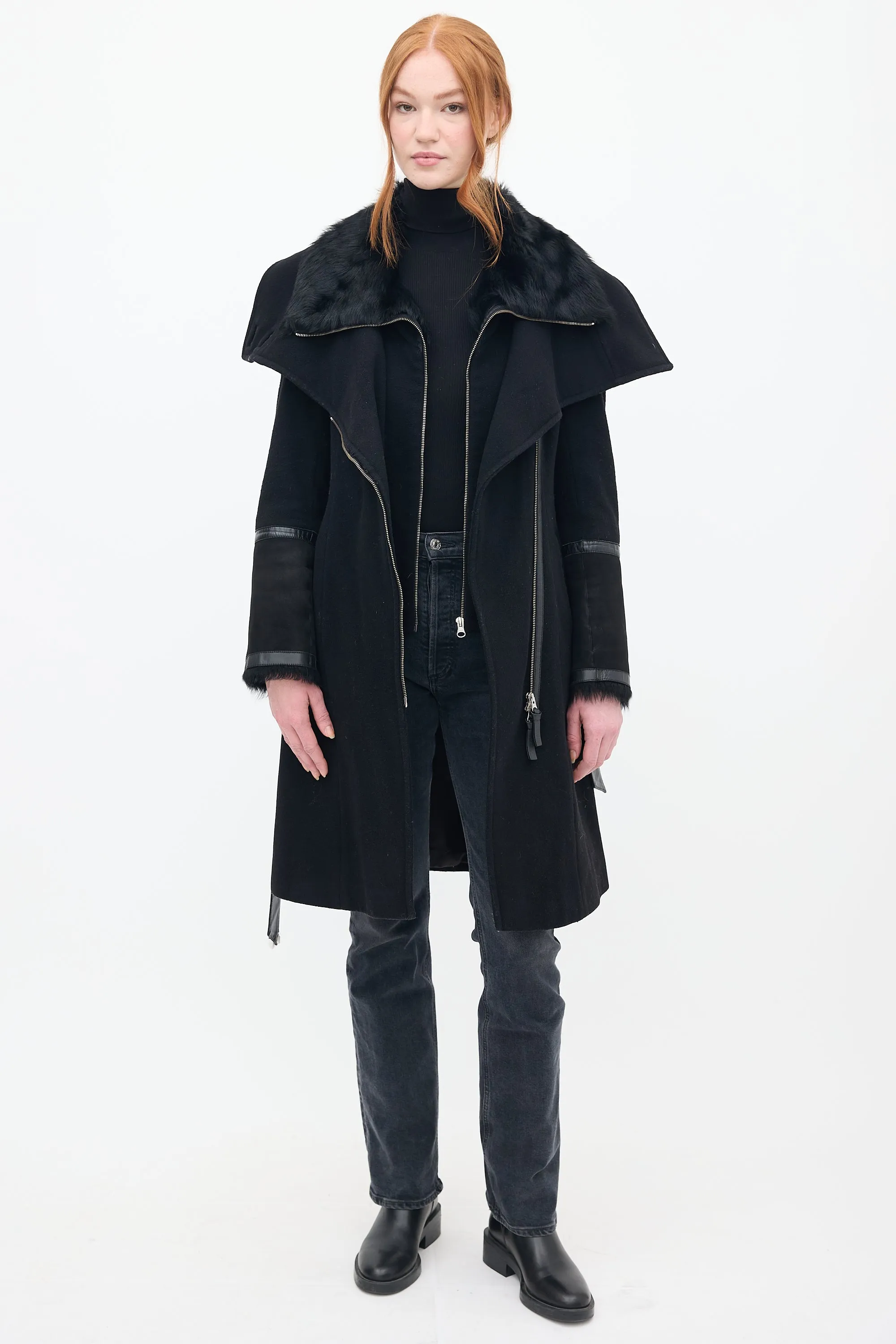 Black Wool & Shearling Belted Coat