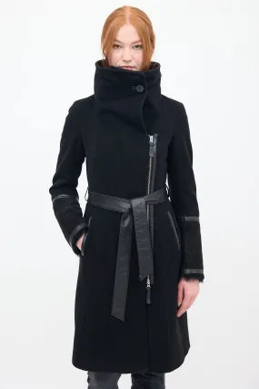 Black Wool & Shearling Belted Coat