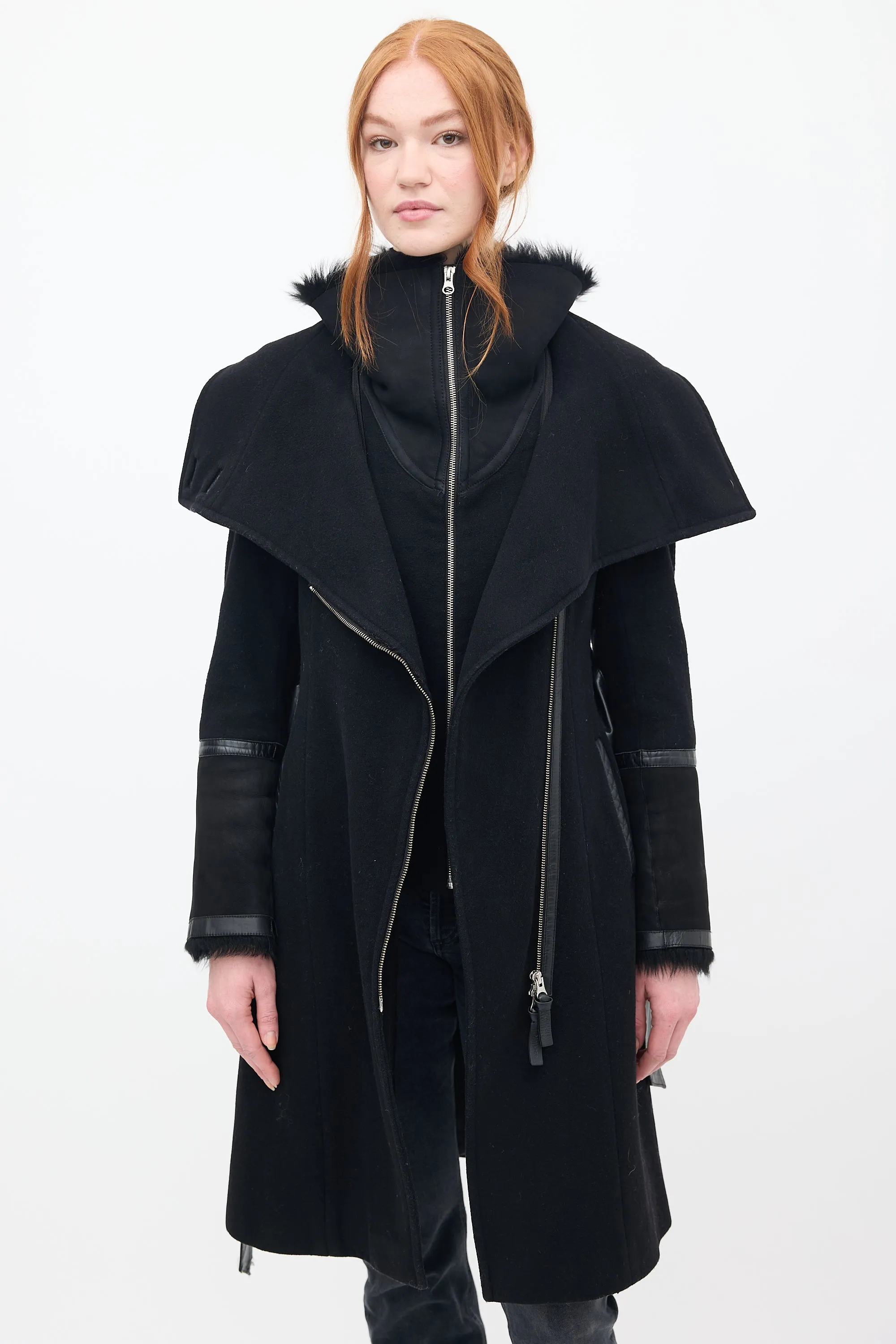 Black Wool & Shearling Belted Coat